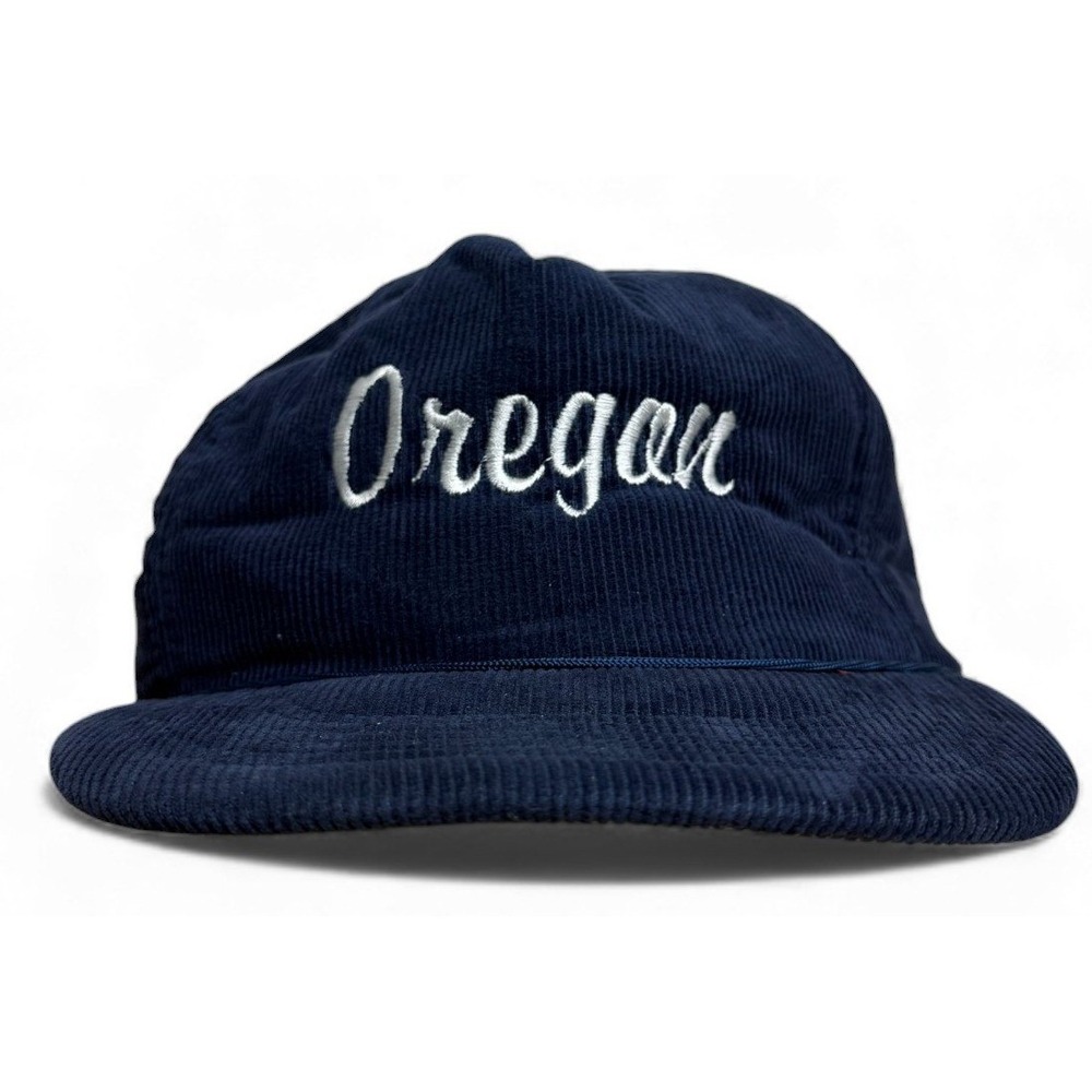 Vintage Oregon Rope Hat Adult Navy Blue Adjustable Script Strap Back Corduroy